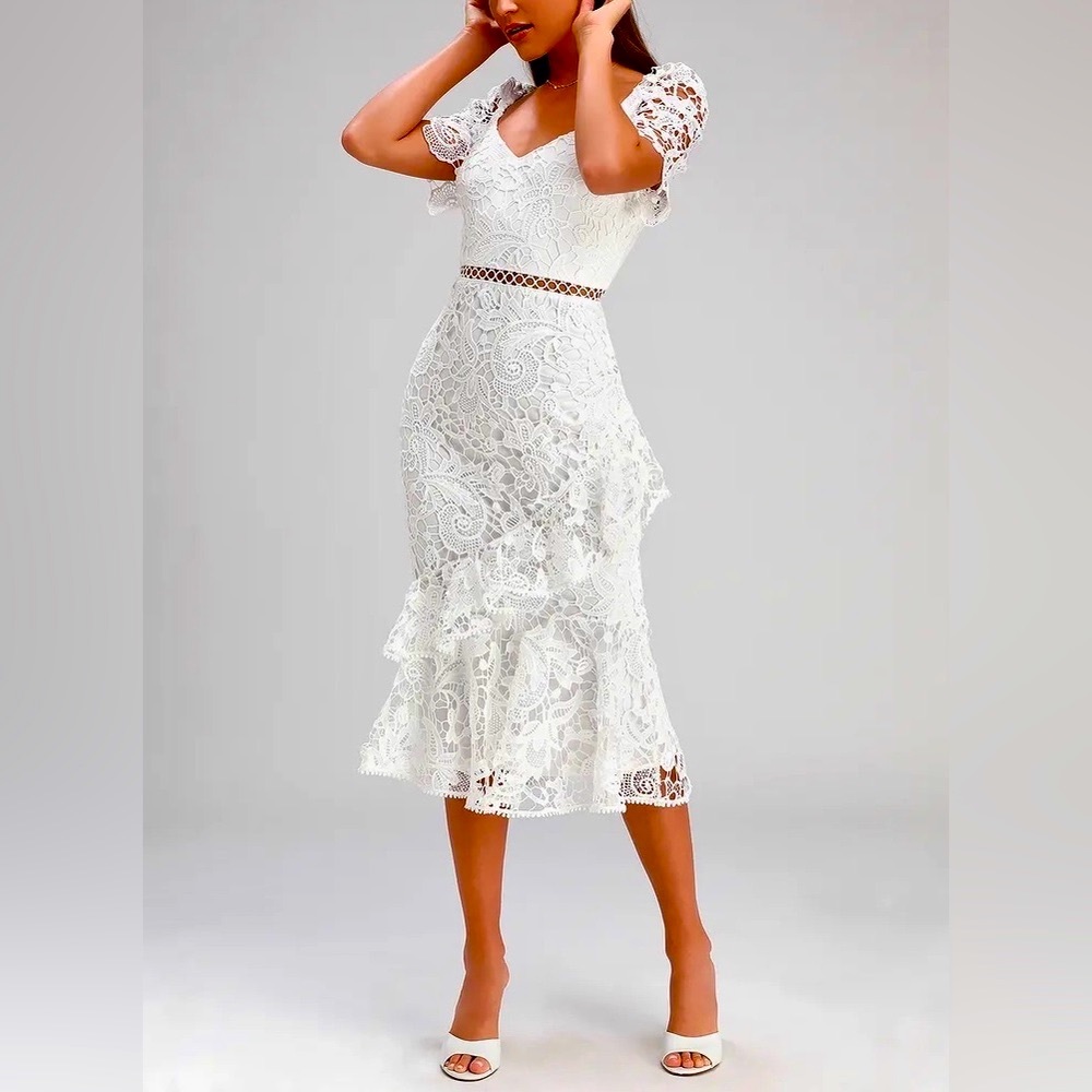 LULUS Midi Wedding Dress for Womens. Size Small, Color White.